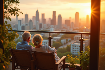 Couple retraité heureux sur balcon avec vue sur la ville