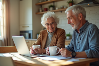 Couple mature &agrave; la cuisine examinant documents de retraite