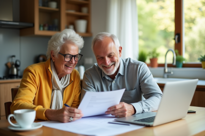 Couple d'âge moyen heureux à la cuisine pour la retraite