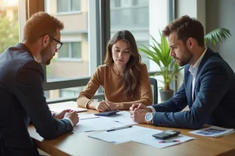 Jeune couple inquiet avec un banquier et documents de pret immobilier