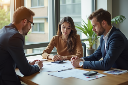 Jeune couple inquiet avec un banquier et documents de pret immobilier