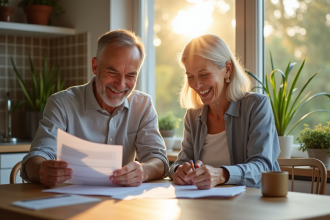 Couple souriant examinant documents financiers à la maison