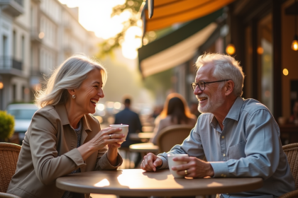 Couple senior souriant buvant un café en terrasse en ville