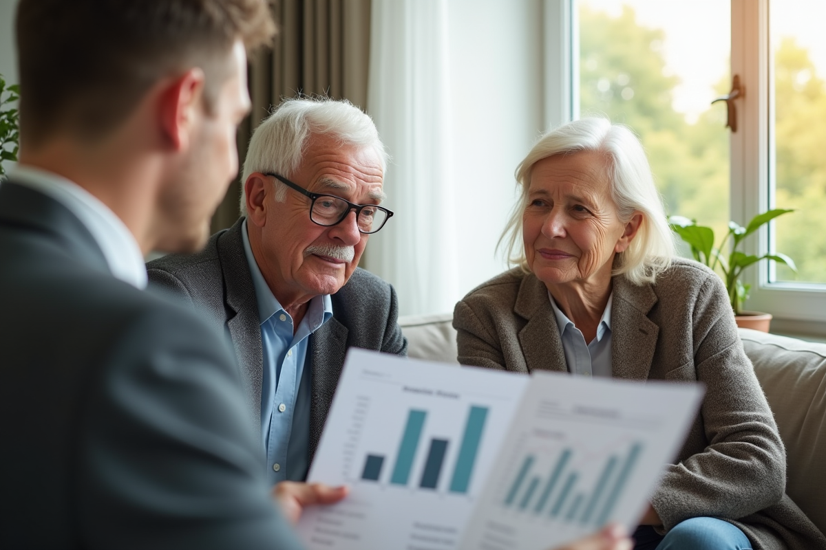 Couple senior consultant un conseiller financier dans un salon lumineux