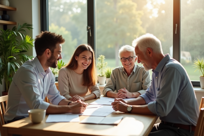 Jeune et senior souriants autour de documents d'assurance