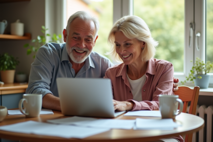 Couple senior utilisant un ordinateur dans la cuisine en matinée