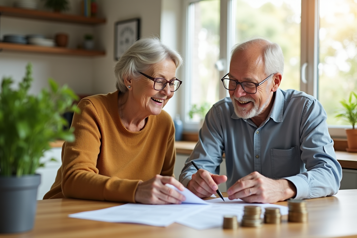 Un couple senior souriant revoyant des papiers à la maison