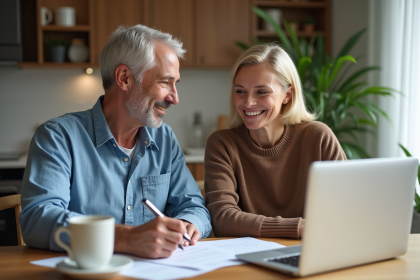 Couple souriant signant des documents d'assurance à la maison