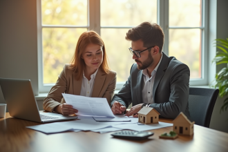 Jeune couple professionnel analysant des documents financiers