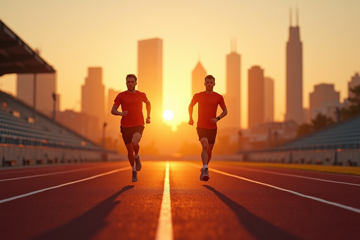 Deux coureurs sur une piste au lever du soleil symbolisant la determination