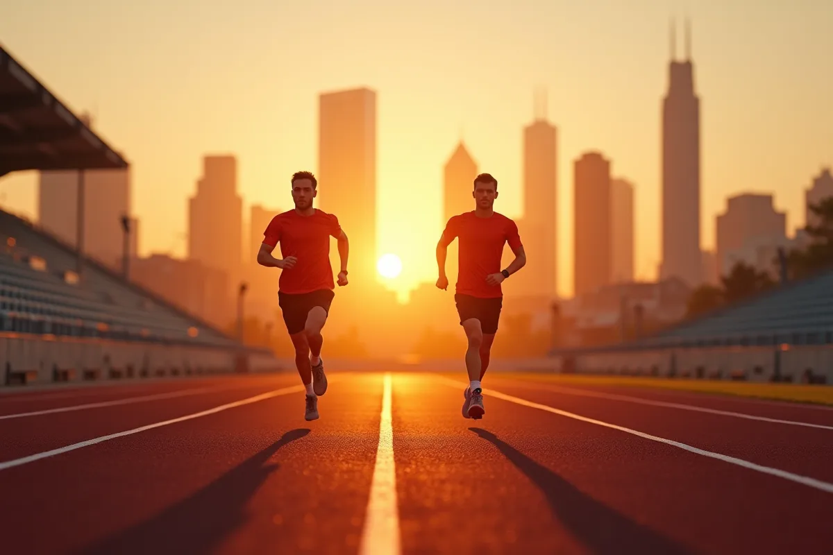 Deux coureurs sur une piste au lever du soleil symbolisant la determination