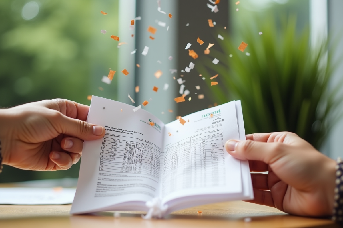 Deux mains déchirant un document de dette avec confettis en l