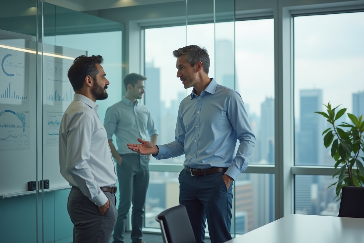 Deux hommes discutant devant un tableau blanc dans une salle moderne