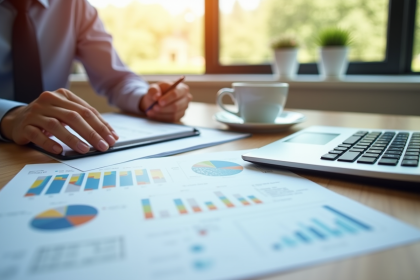 Documents d'affaires avec calculatrice et café sur un bureau lumineux