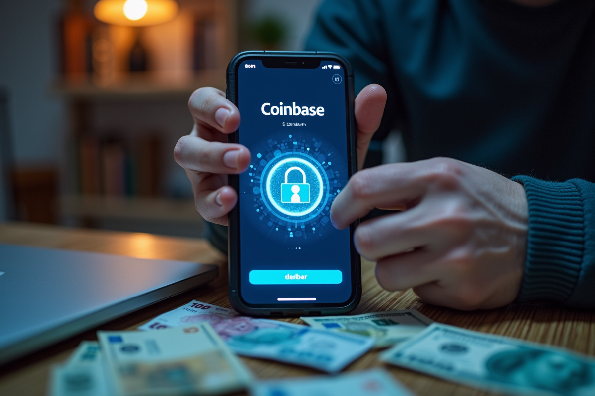 Mains manipulant une application Coinbase sur smartphone entouré de billets