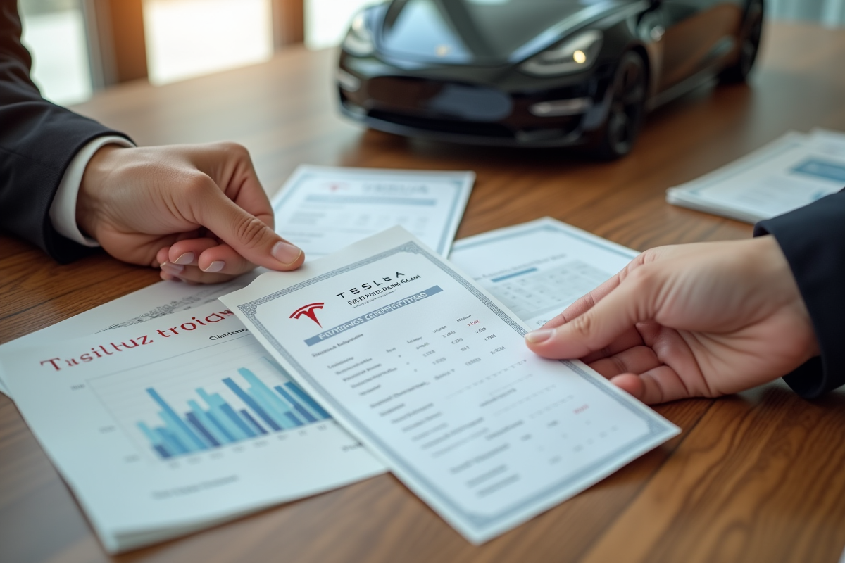 Echange de certificats Tesla avec voiture électrique en arrière-plan