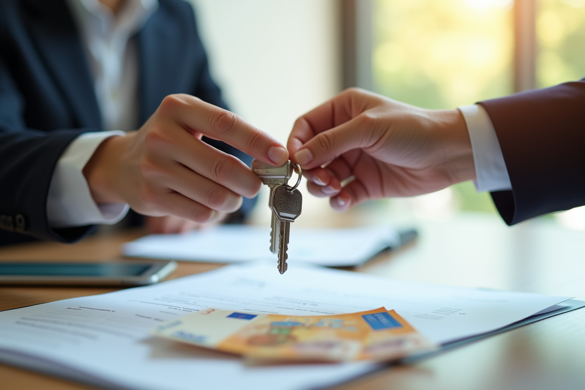 Main échangeant des clés sur un contrat de prêt immobilier