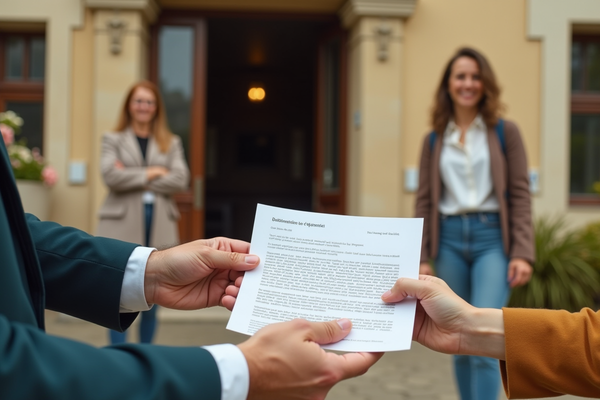 Echange de documents financiers devant la mairie ensoleillee