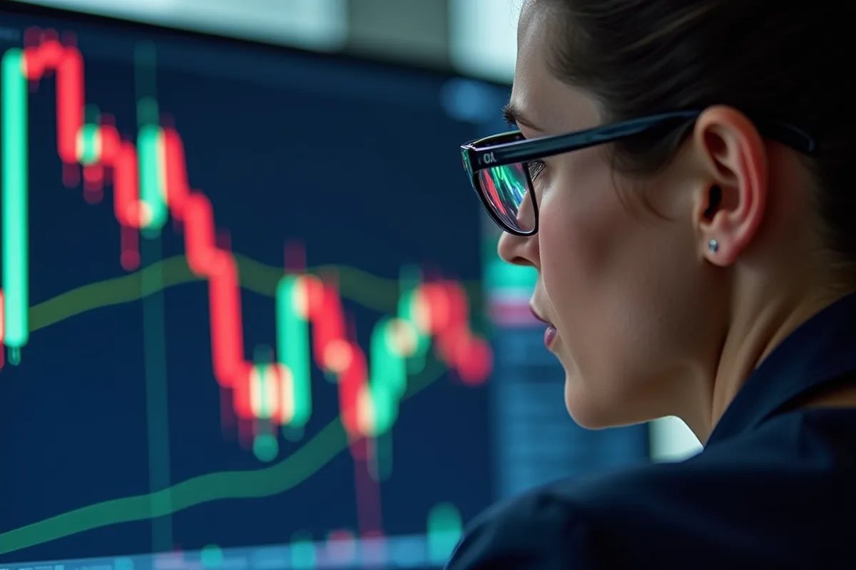Zoom sur un écran boursier CAC 40 dans un bureau ensoleille