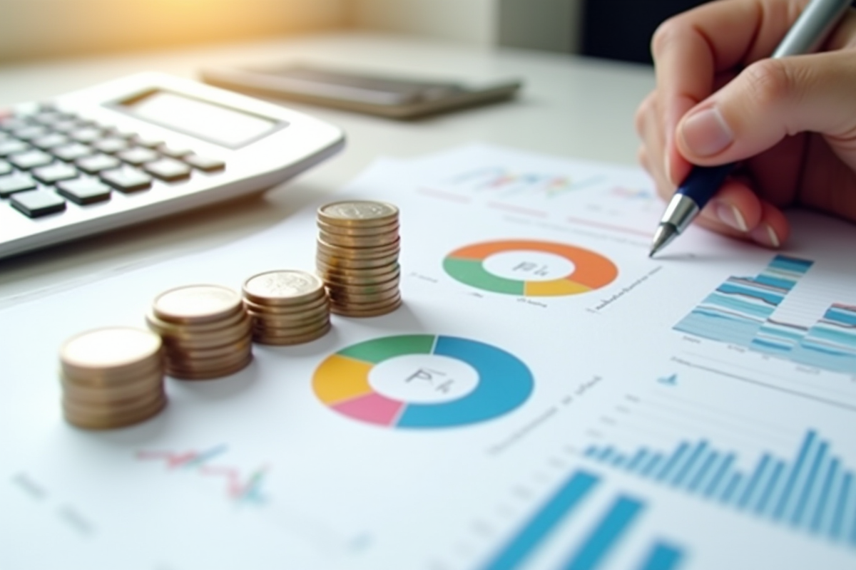 Éléments financiers organisés avec pièces et graphiques colorés