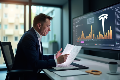 Elon Musk dans un bureau moderne avec logo Tesla en arrière-plan