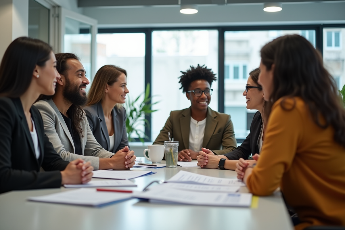 Groupe de personnes discutant avec un conseiller en emploi dans un bureau lumineux