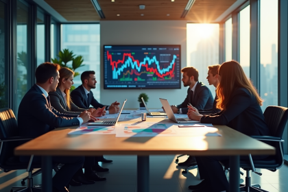 Groupe de professionnels en réunion analysant des graphiques financiers