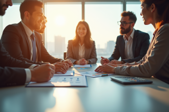 Groupe de professionnels d'affaires analysant des graphiques