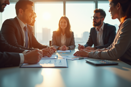 Groupe de professionnels d'affaires analysant des graphiques