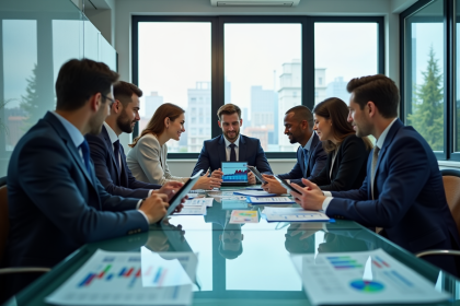 Équipe diverse analysant des graphiques sur tablettes dans un bureau lumineux