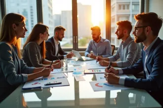 Groupe de professionnels discutant stratégie financière