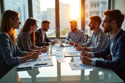 Groupe de professionnels discutant stratégie financière