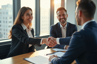 Femme confiante et homme serrant la main d'un avocat dans un bureau moderne