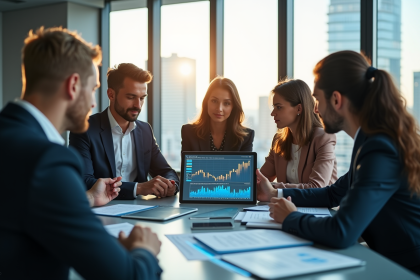 Groupe de professionnels en finance dans un bureau lumineux