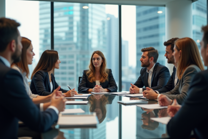 Groupe de professionnels en réunion dans un bureau moderne