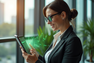 Femme d'affaires regardant des graphiques boursiers sur une tablette