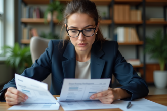 Femme d'affaires en costume regardant des rapports financiers