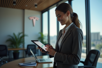 Femme d'affaires souriante analysant des données Tesla sur une tablette dans un bureau moderne