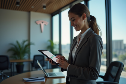 Femme d'affaires souriante analysant des données Tesla sur une tablette dans un bureau moderne