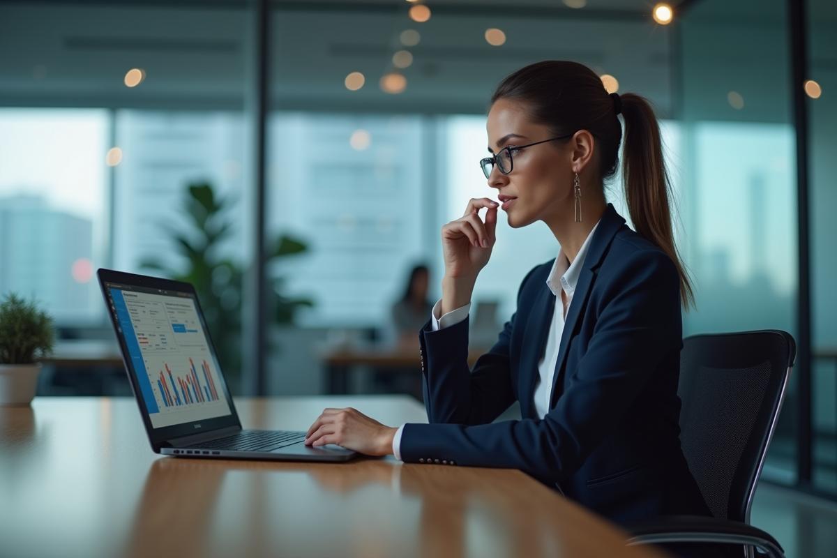 Femme d'affaires analysant un graphique numérique dans un bureau moderne