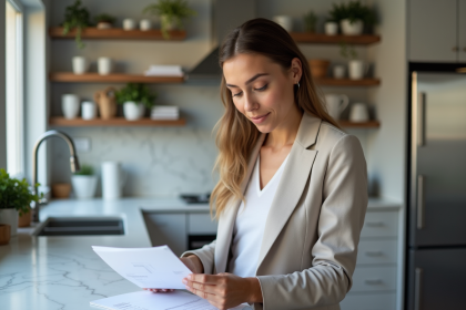 Femme stylée examinant des relevés dans une cuisine moderne