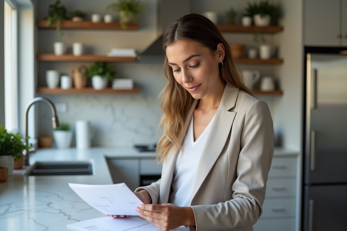 Femme stylée examinant des relevés dans une cuisine moderne