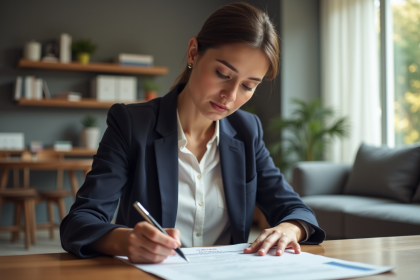 Femme en tenue professionnelle examine un document d'assurance à domicile