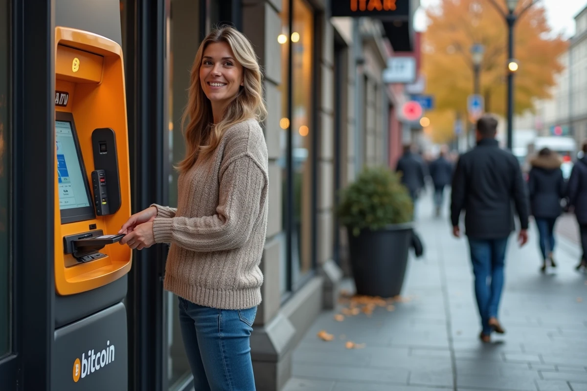Femme souriante effectuant une transaction Bitcoin en ville