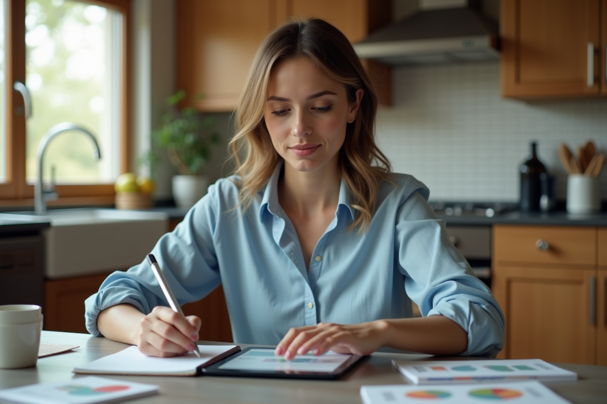 Femme calculant des dividendes à la maison avec un tableau