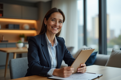 Femme confiante assise avec un clipboard dans un appartement moderne