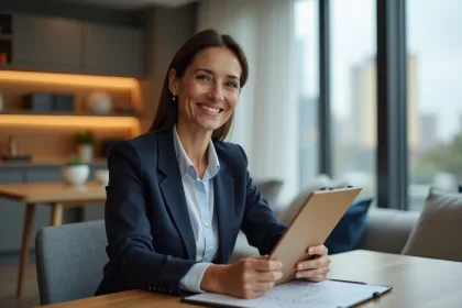 Femme confiante assise avec un clipboard dans un appartement moderne