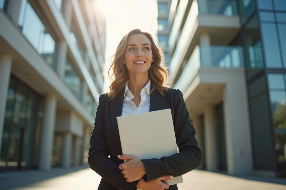 Femme confiante tenant un dossier d