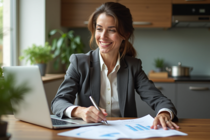 Femme souriante examinant des documents de prêt immobilier