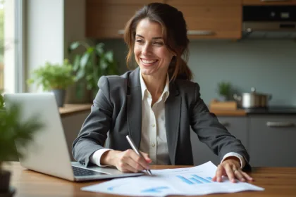 Femme souriante examinant des documents de prêt immobilier